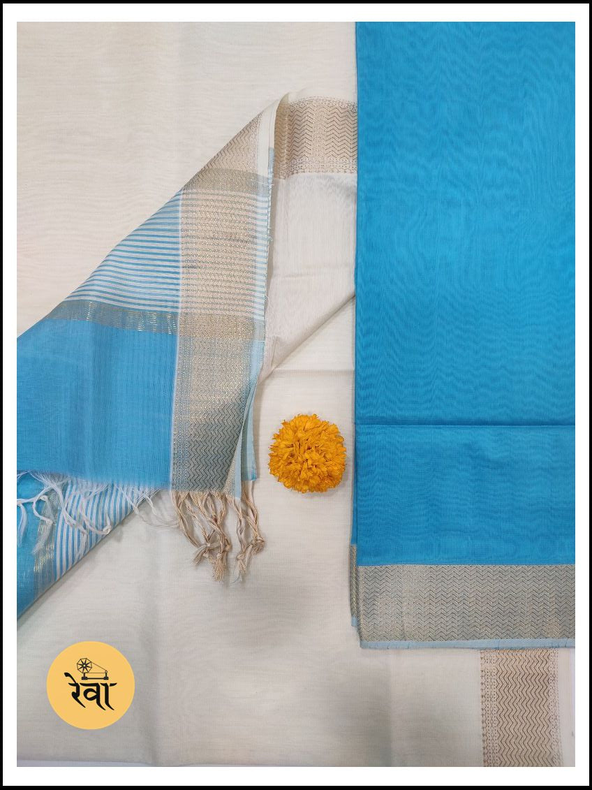 Maheshwari Sea Blue-White Zari Border Dress Material