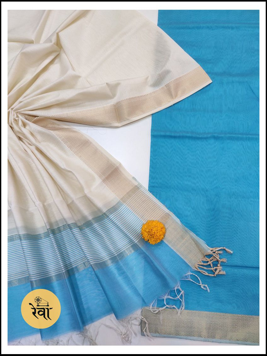 Maheshwari Sea Blue-White Zari Border Dress Material