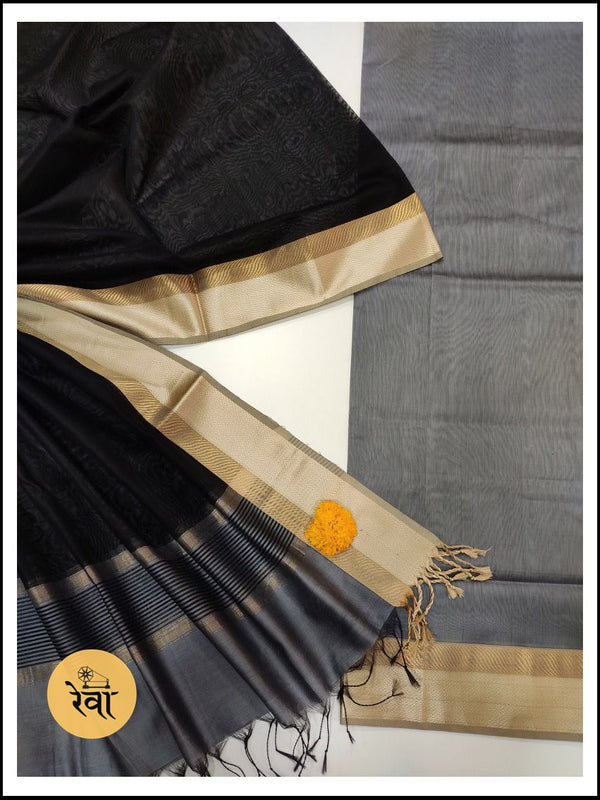 Maheshwari Grey-Black Zari Border Dress Material