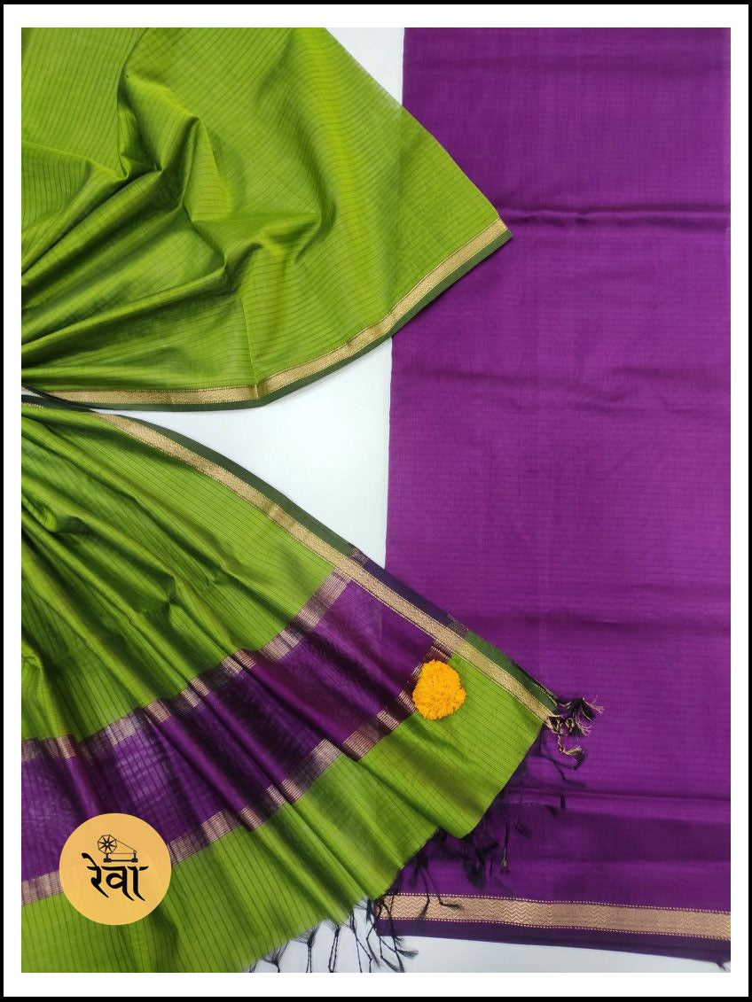 Maheshwari Purple Blue-Green Zari Border Dress Material