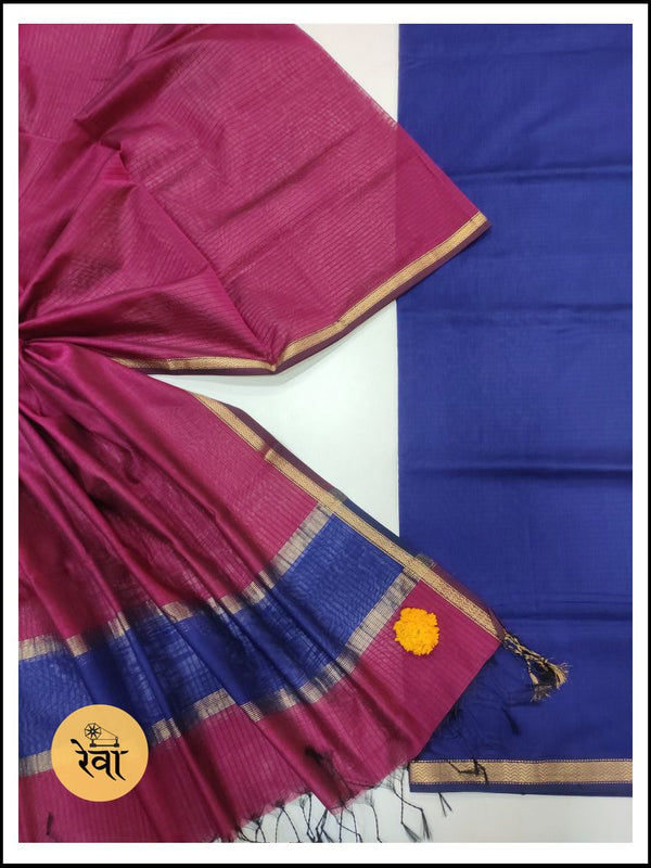 Maheshwari Blue-Red Zari Border Suit