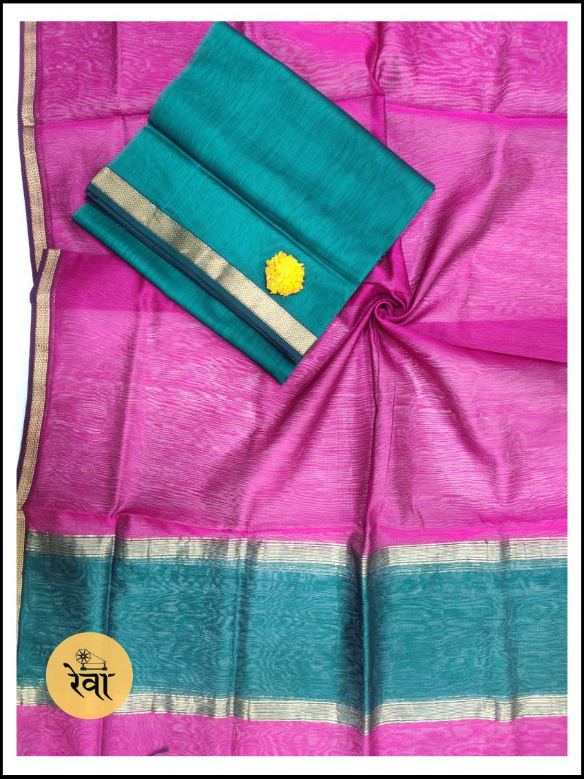 Maheshwari Rama Green-Magenta Pink Zari Border Dress Material