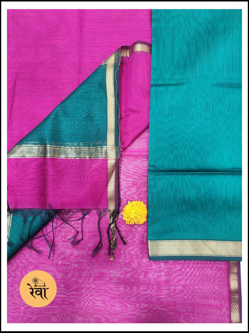 Maheshwari Rama Green-Magenta Pink Zari Border Dress Material