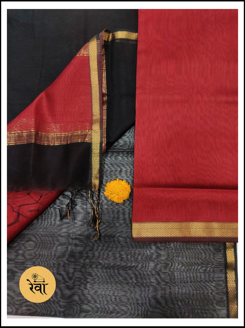 Maheshwari Red-Black Zari Border Dress Material