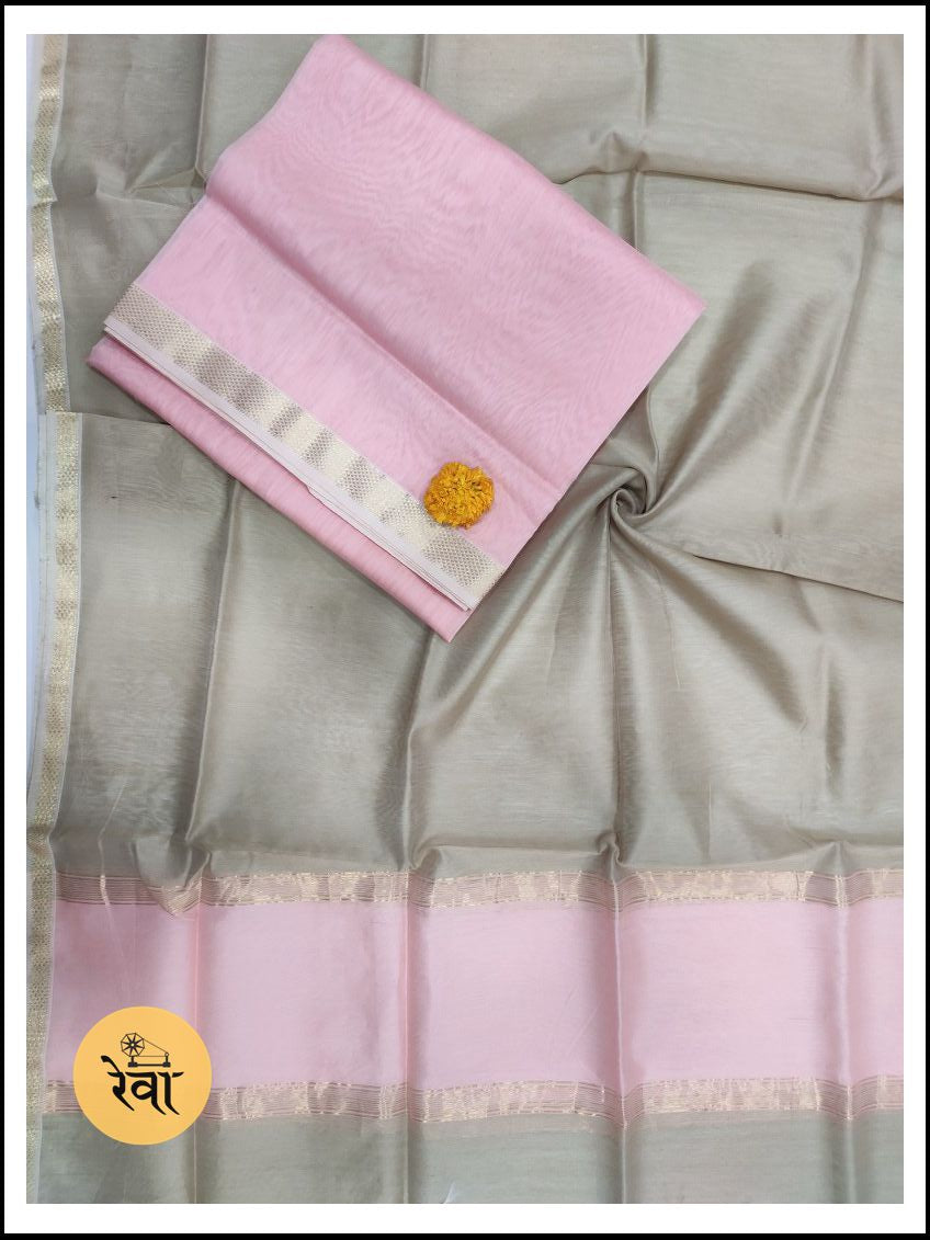 Maheshwari Pink-Grey Zari Border Dress Material