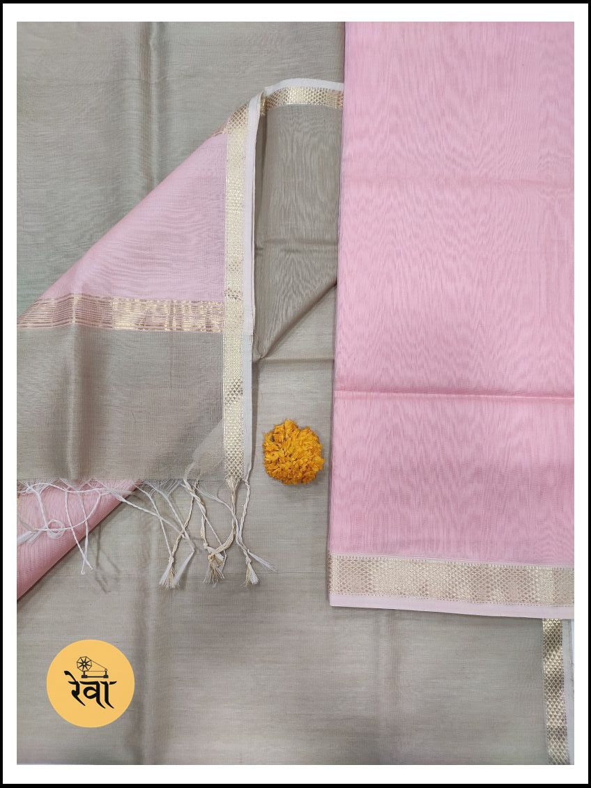 Maheshwari Pink-Grey Zari Border Dress Material