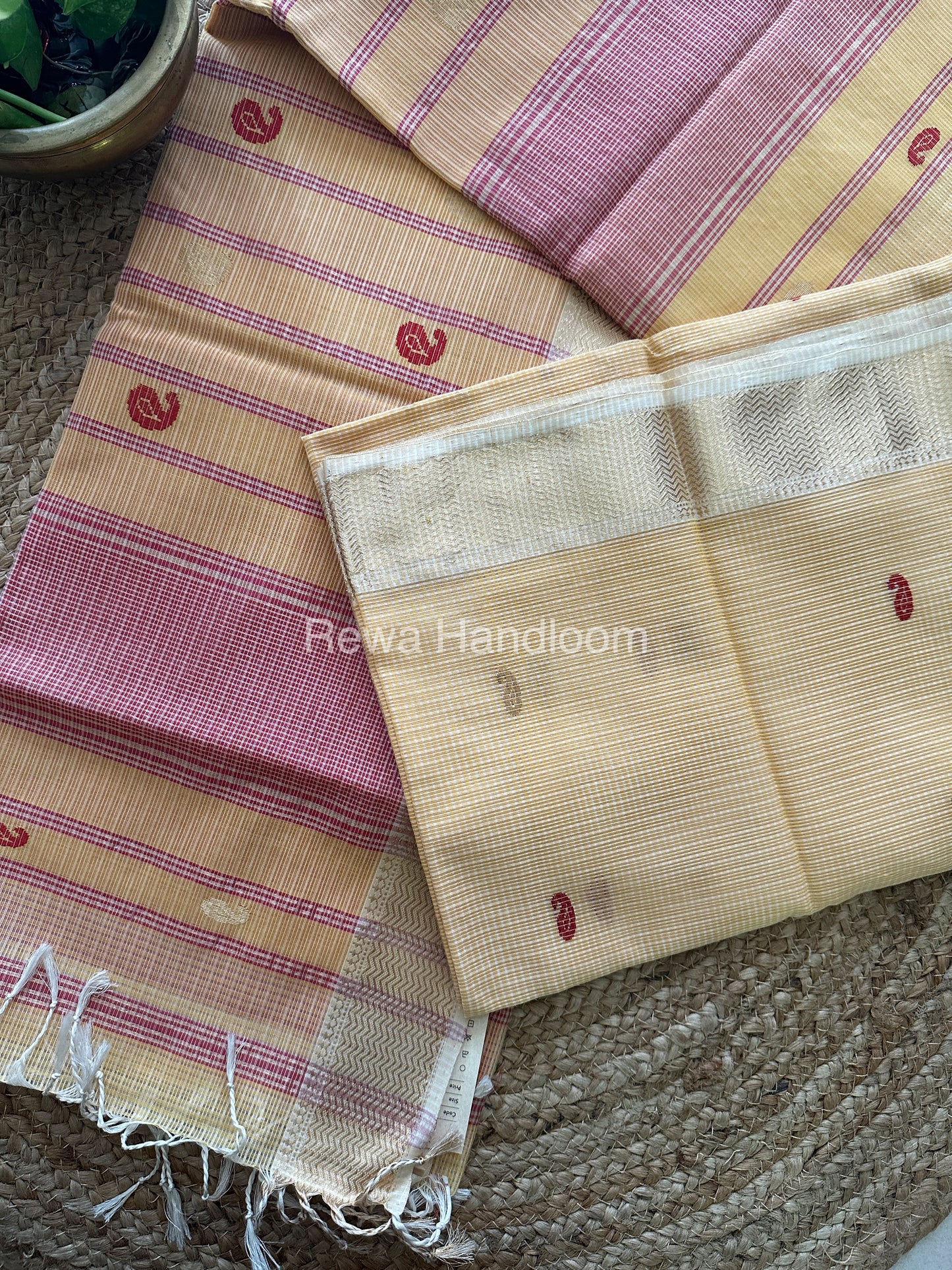 Yellow Pink Zari Butti ~ Maheshwari Saree-KJS011