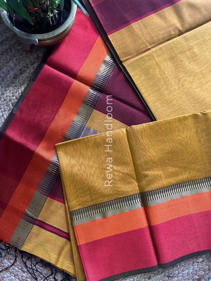 Maheshwari Mustard Yellow Multicolor Border Saree MB00513