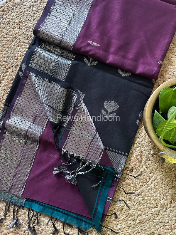 Maheshwari Violet Purple-Black Silver Zari Saree-SPS-011