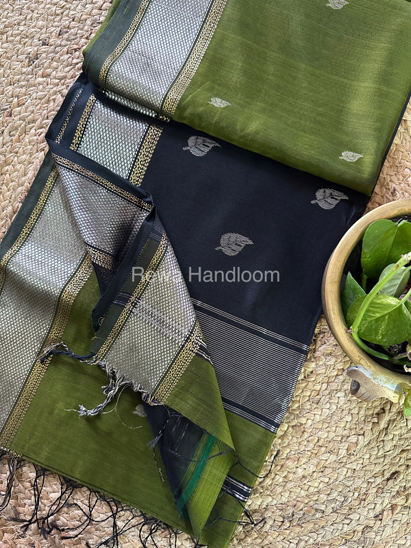 Maheshwari Mehendi Green-Black Silver Zari Saree-SPS-018