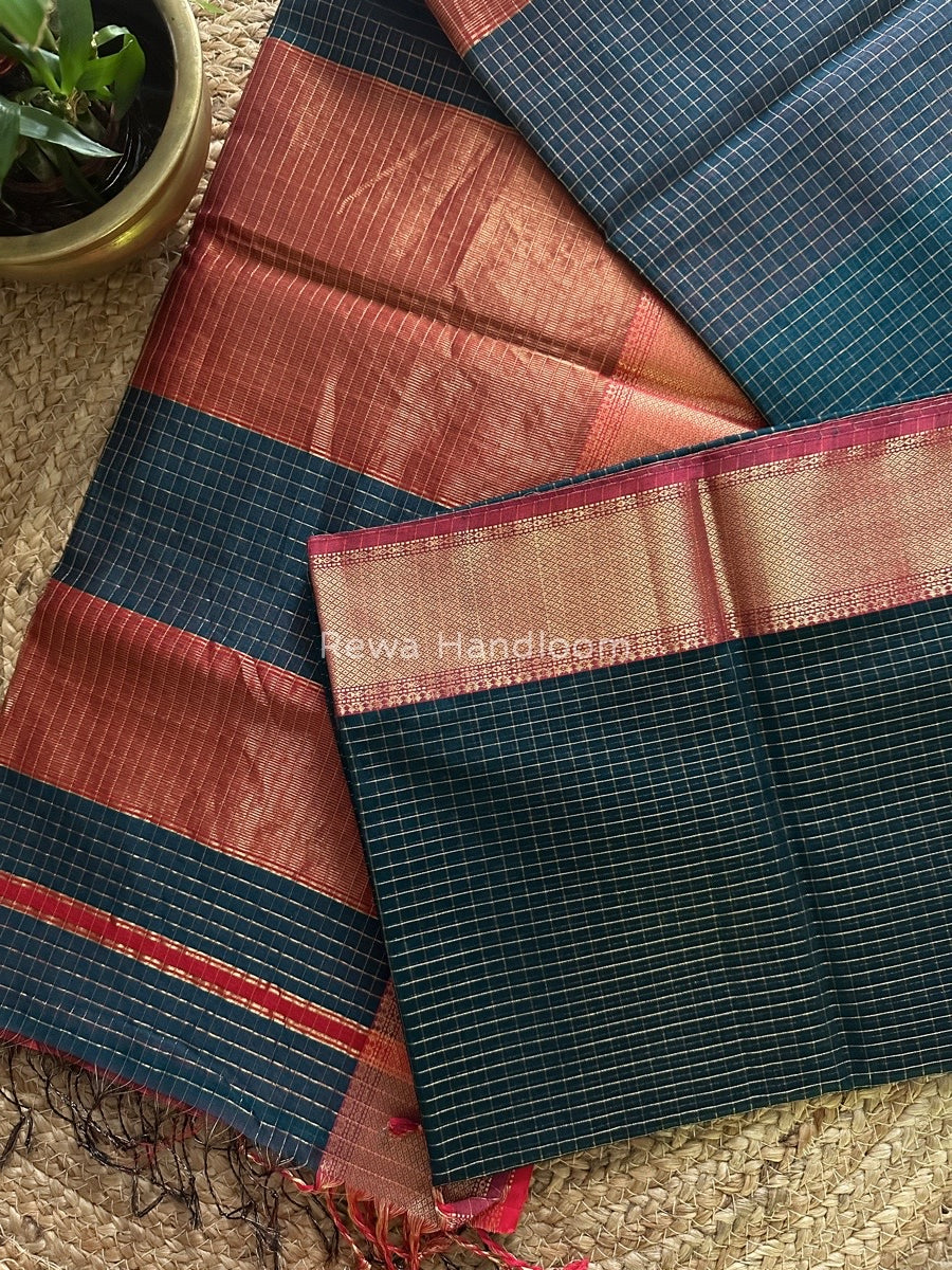 Maheshwari Rama Green Zari Checks Saree ZCHX056