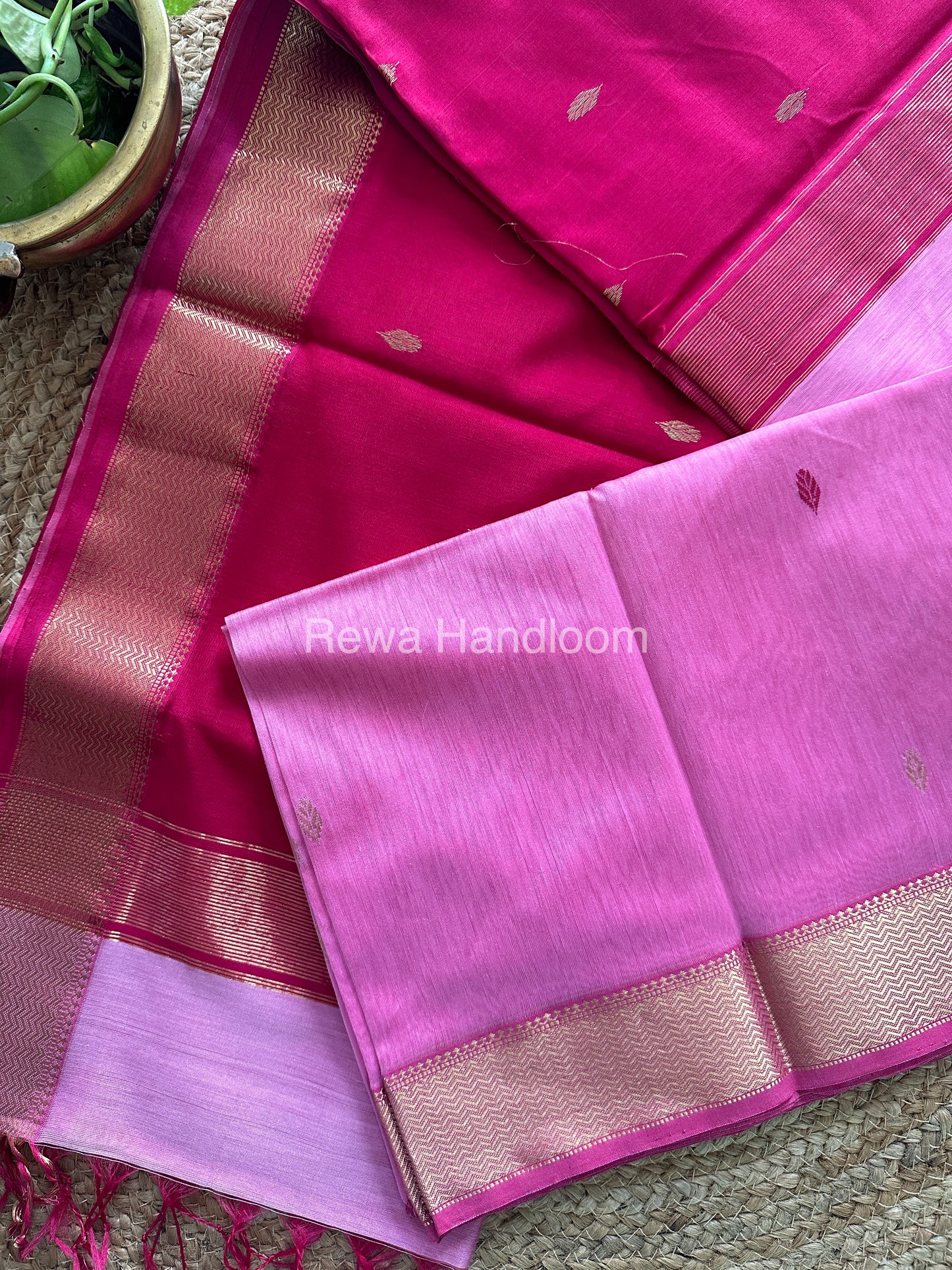 Turmeric Baby Pink Zari Butti ~ Maheshwari Saree-PTB-014