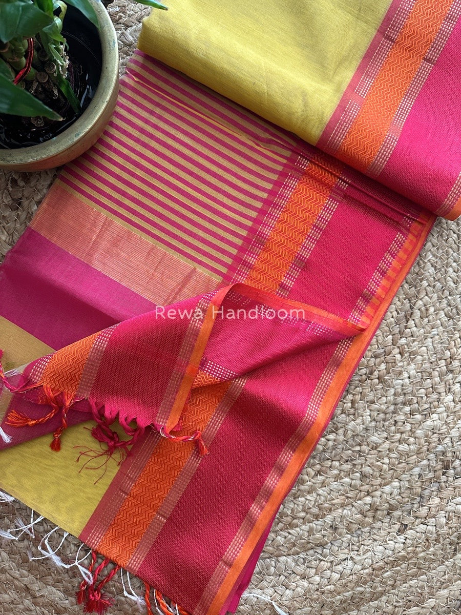Maheshwari Light Yellow Ganga Jamuna Rewa Border Saree GJD081