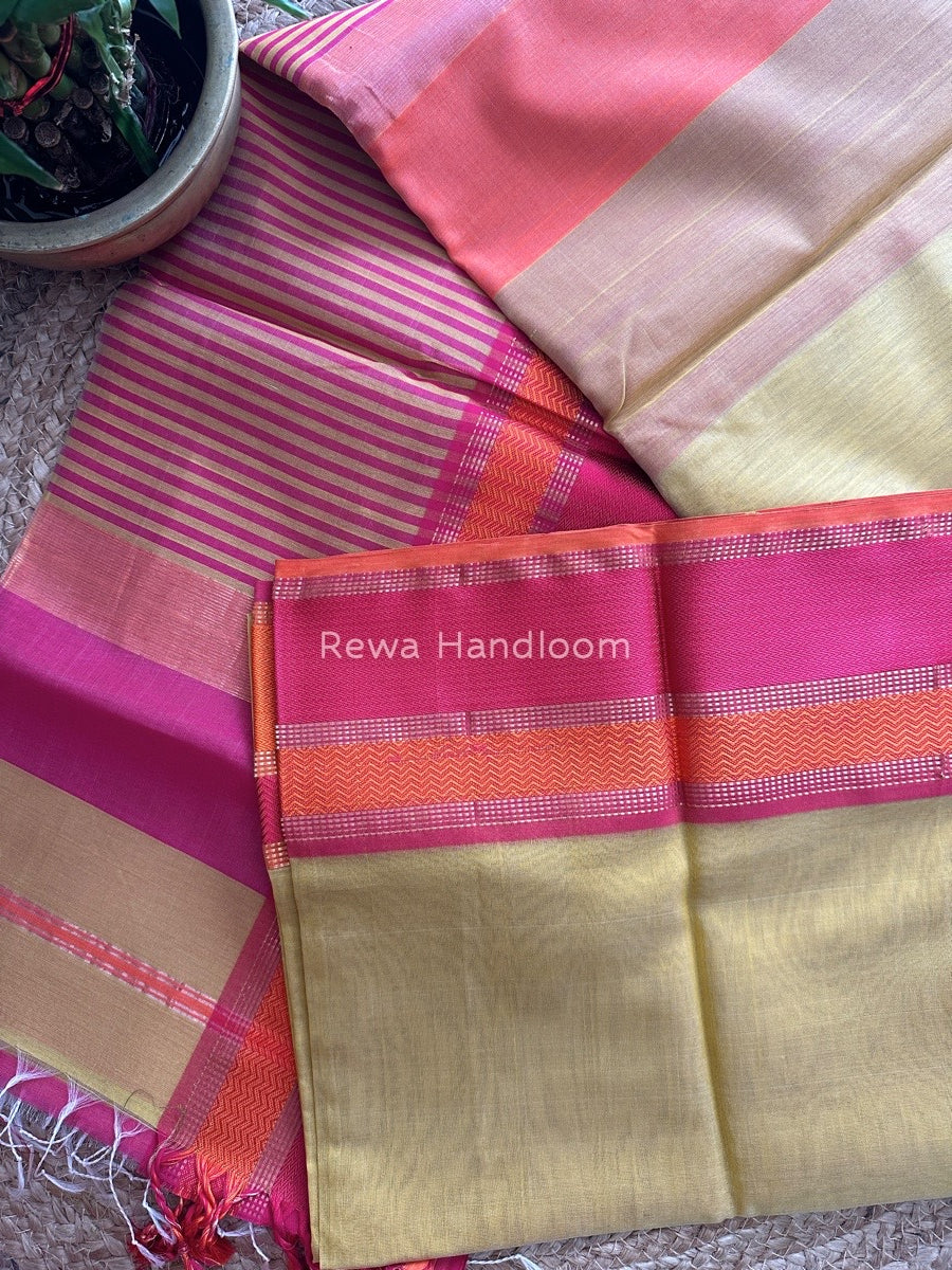 Maheshwari Light Yellow Ganga Jamuna Rewa Border Saree GJD081
