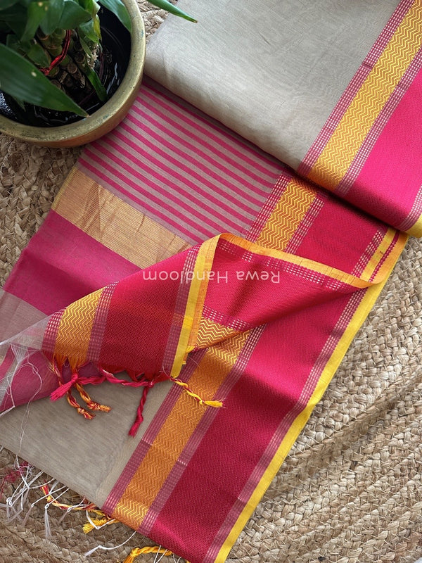 Maheshwari Beige Ganga Jamuna Rewa Border Saree GJD086