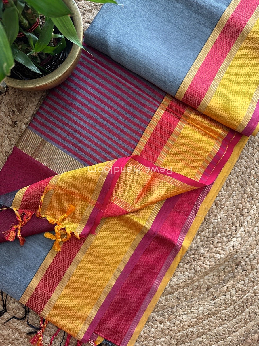 Maheshwari Dark Grey Ganga Jamuna Rewa Border Saree GJD077