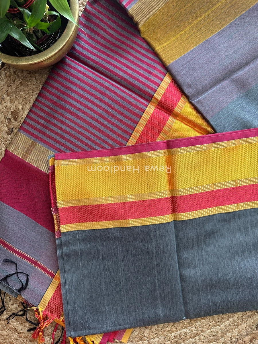 Maheshwari Dark Grey Ganga Jamuna Rewa Border Saree GJD077