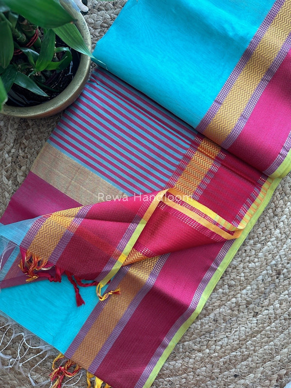 Maheshwari Aqua Blue Ganga Jamuna Rewa Border Saree GJD085