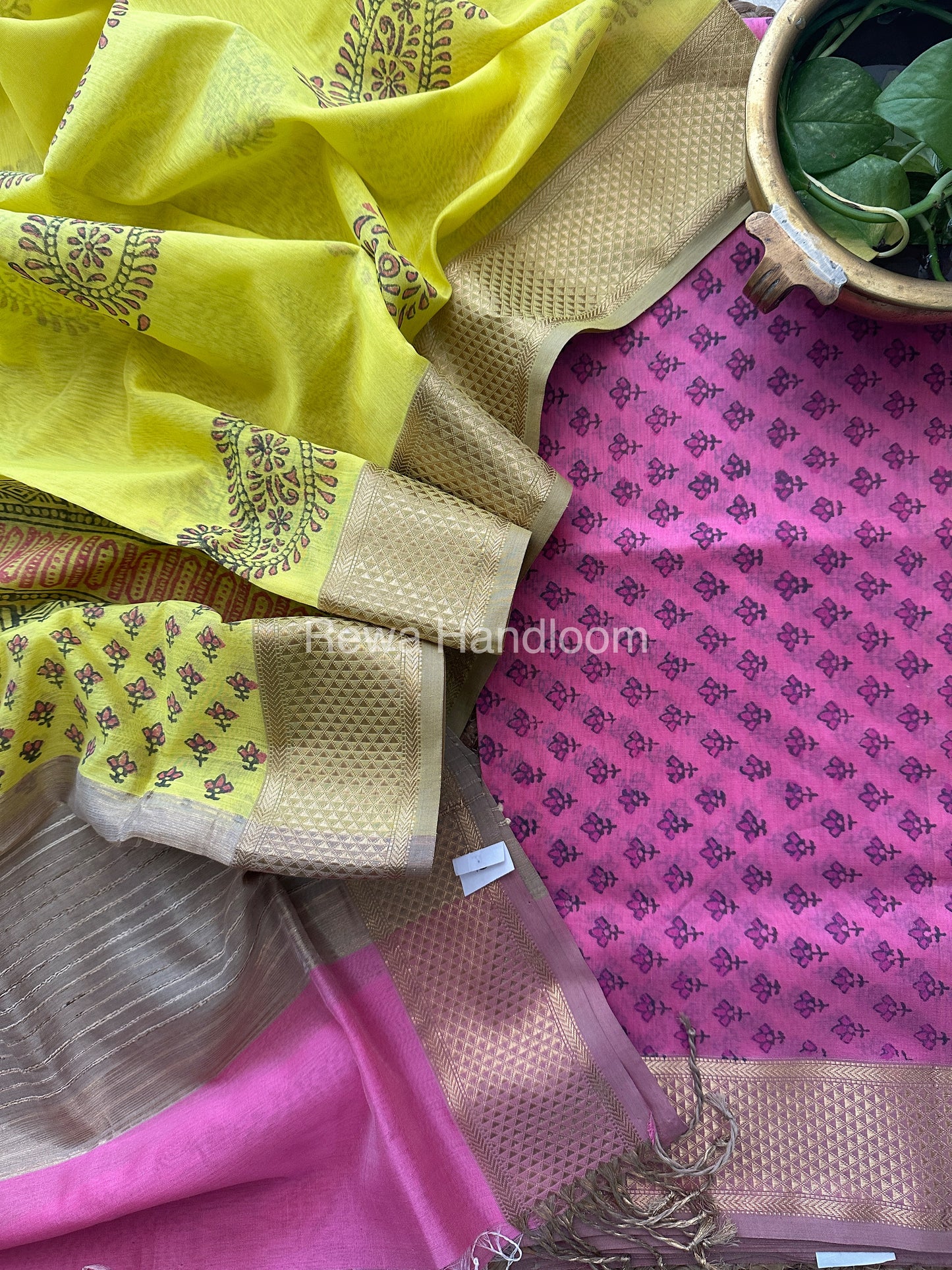 Maheshwari Pink-Yellow Handblock Print Top-Dupatta HBS049