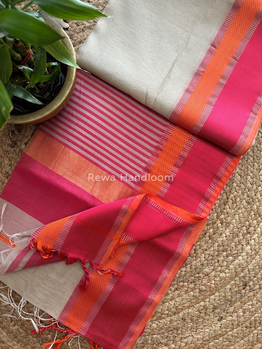 Maheshwari Beige Ganga Jamuna Rewa Border Saree GJD079