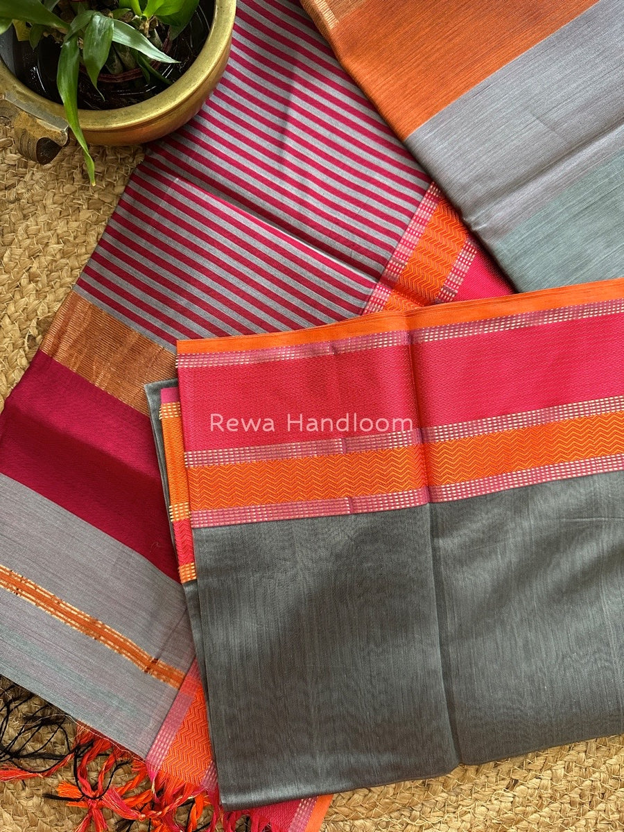 Maheshwari Grey Ganga Jamuna Rewa Border Saree GJD067