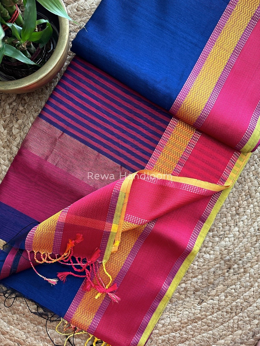 Maheshwari Navy Blue Ganga Jamuna Rewa Border Saree GJD068