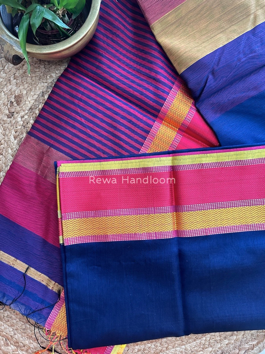 Maheshwari Navy Blue Ganga Jamuna Rewa Border Saree GJD068