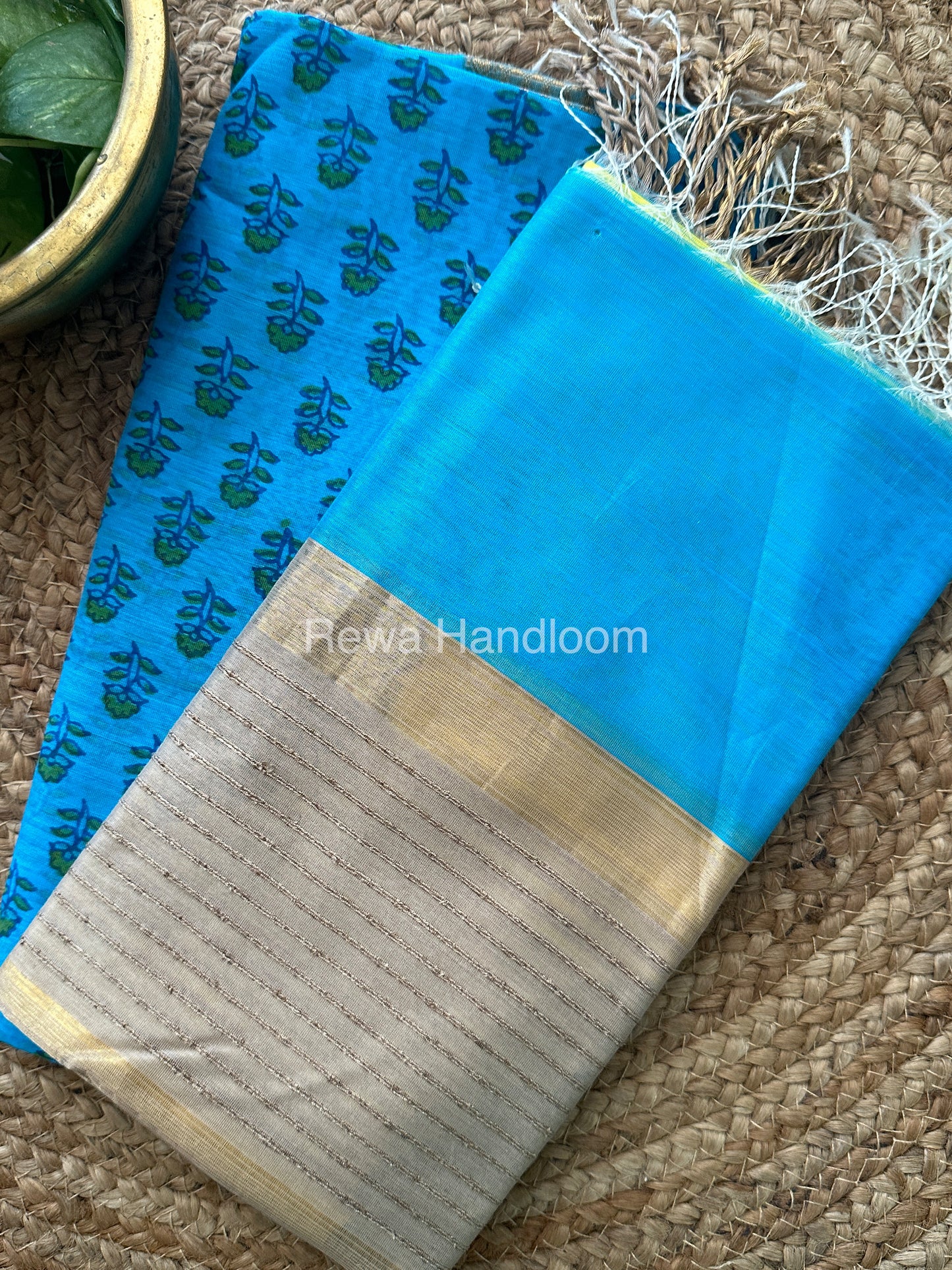Maheshwari Sky Blue-Yellow Handblock Print Top-Dupatta HBS031