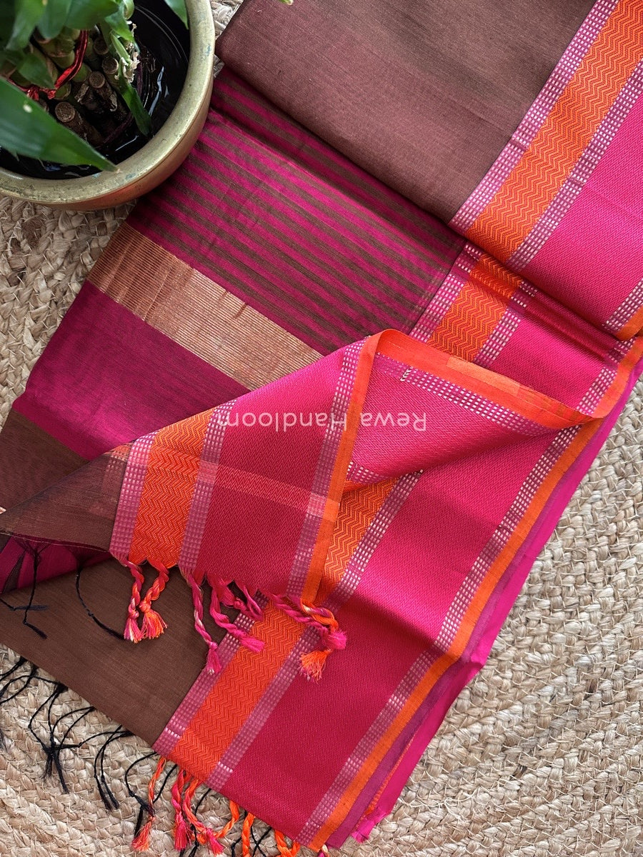 Maheshwari Brown Ganga Jamuna Rewa Border Saree GJD076