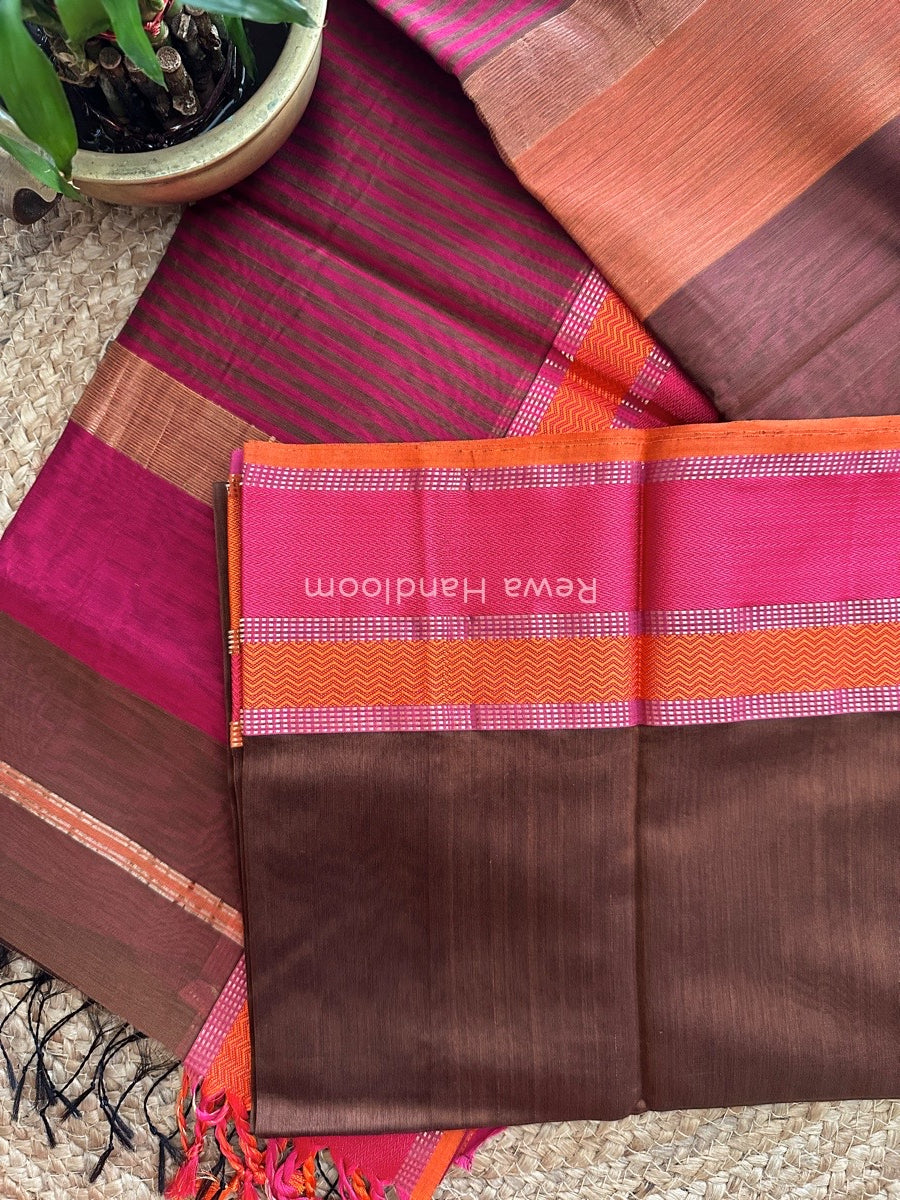 Maheshwari Brown Ganga Jamuna Rewa Border Saree GJD076