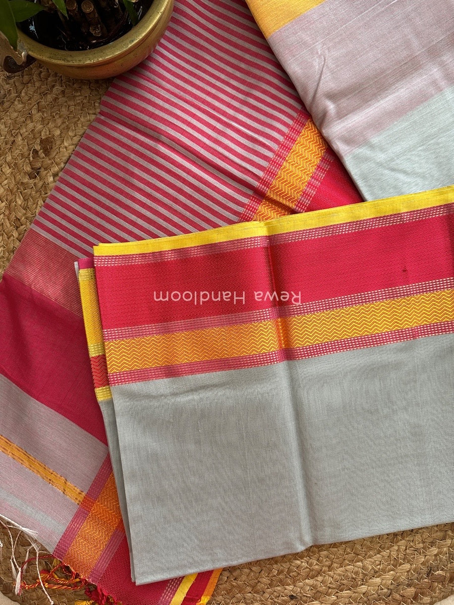 Maheshwari Light Grey Ganga Jamuna Rewa Border Saree GJD072
