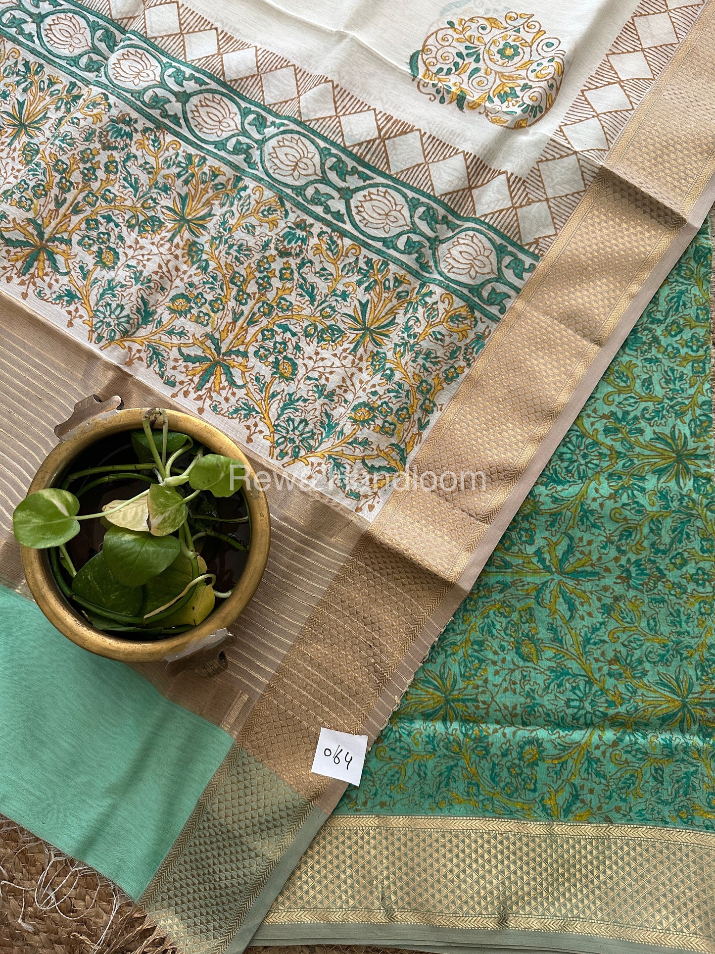 Maheshwari Sea Green-White Handblock Print Top-Dupatta-HBS070