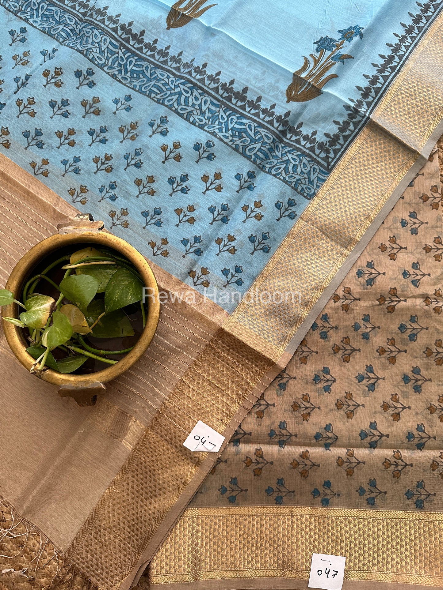Maheshwari Tussar-Sky Blue Handblock Print Top-Dupatta-HBS066