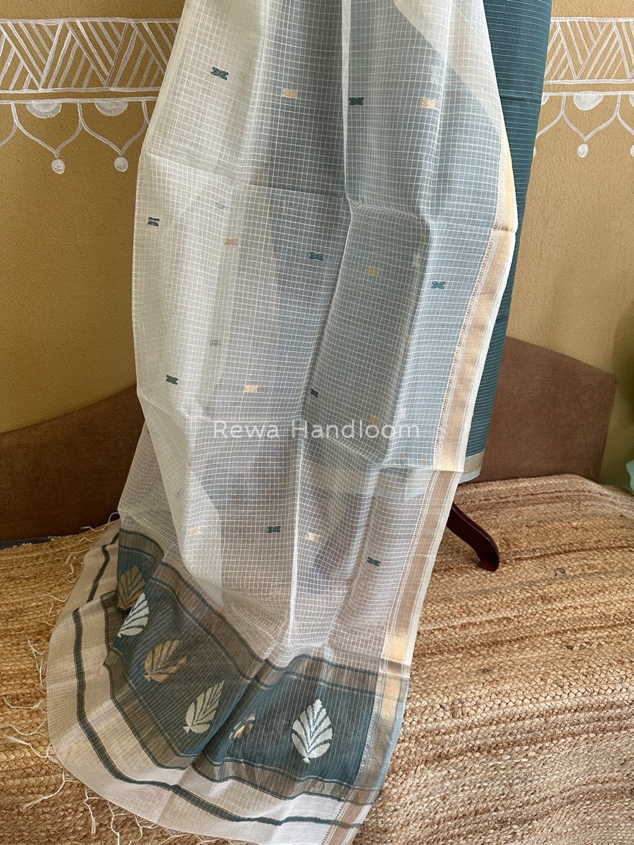 Maheshwari Dark Slate Grey-White Katan Motifs Top Dupatta Sets KBS055