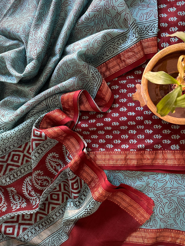 Maheshwari Maroon-Blue Bagh Print Suit