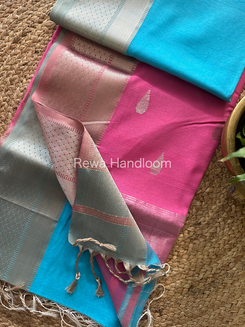 Maheshwari Sky Blue-PInk Silver Zari Buta-Buti Saree SBP20