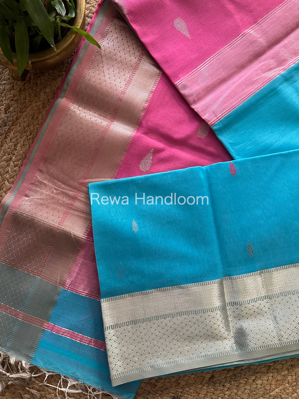 Maheshwari Sky Blue-PInk Silver Zari Buta-Buti Saree SBP20
