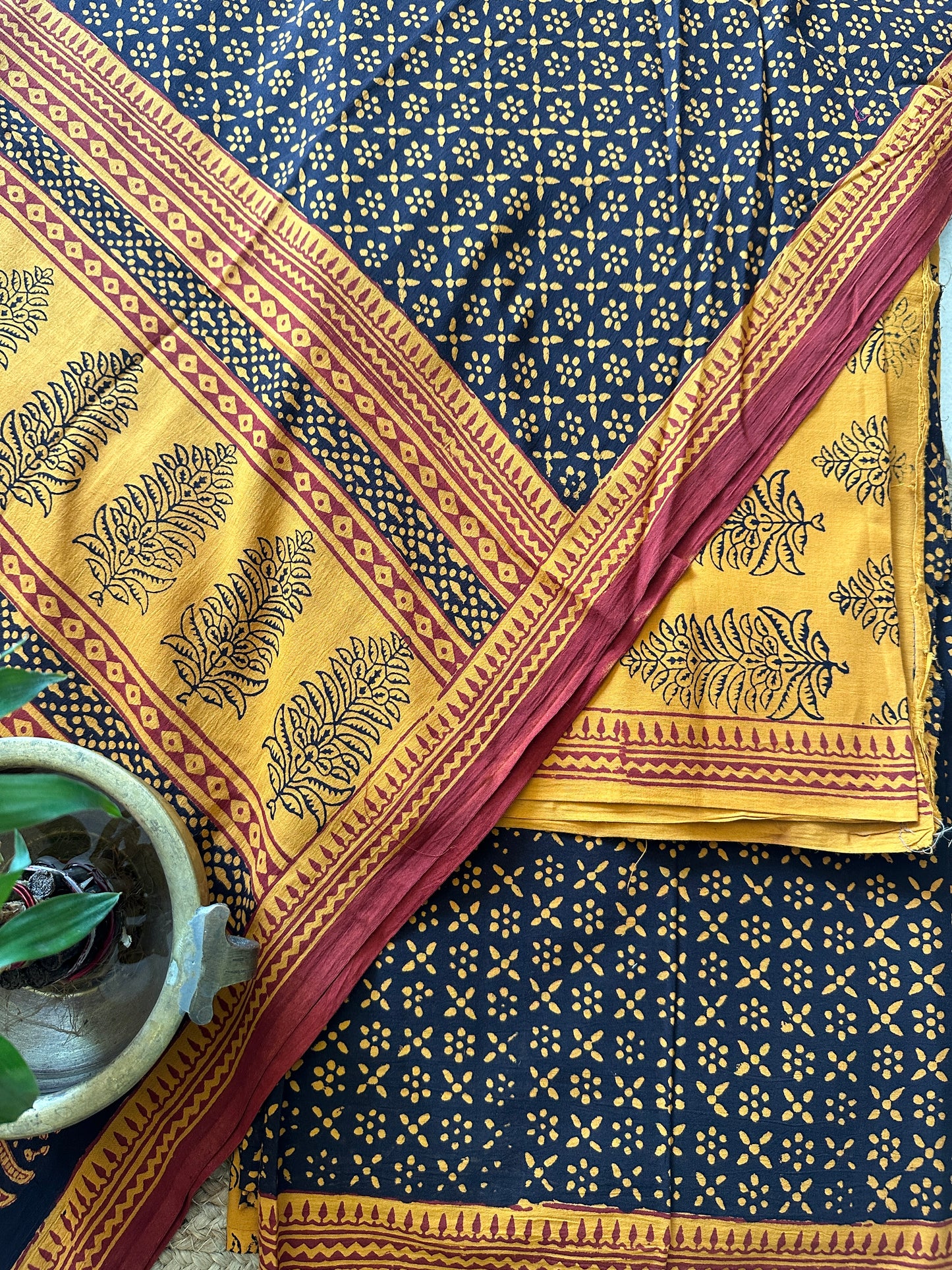 Yellow-Black Bagh Print Cotton Suit-BCS05