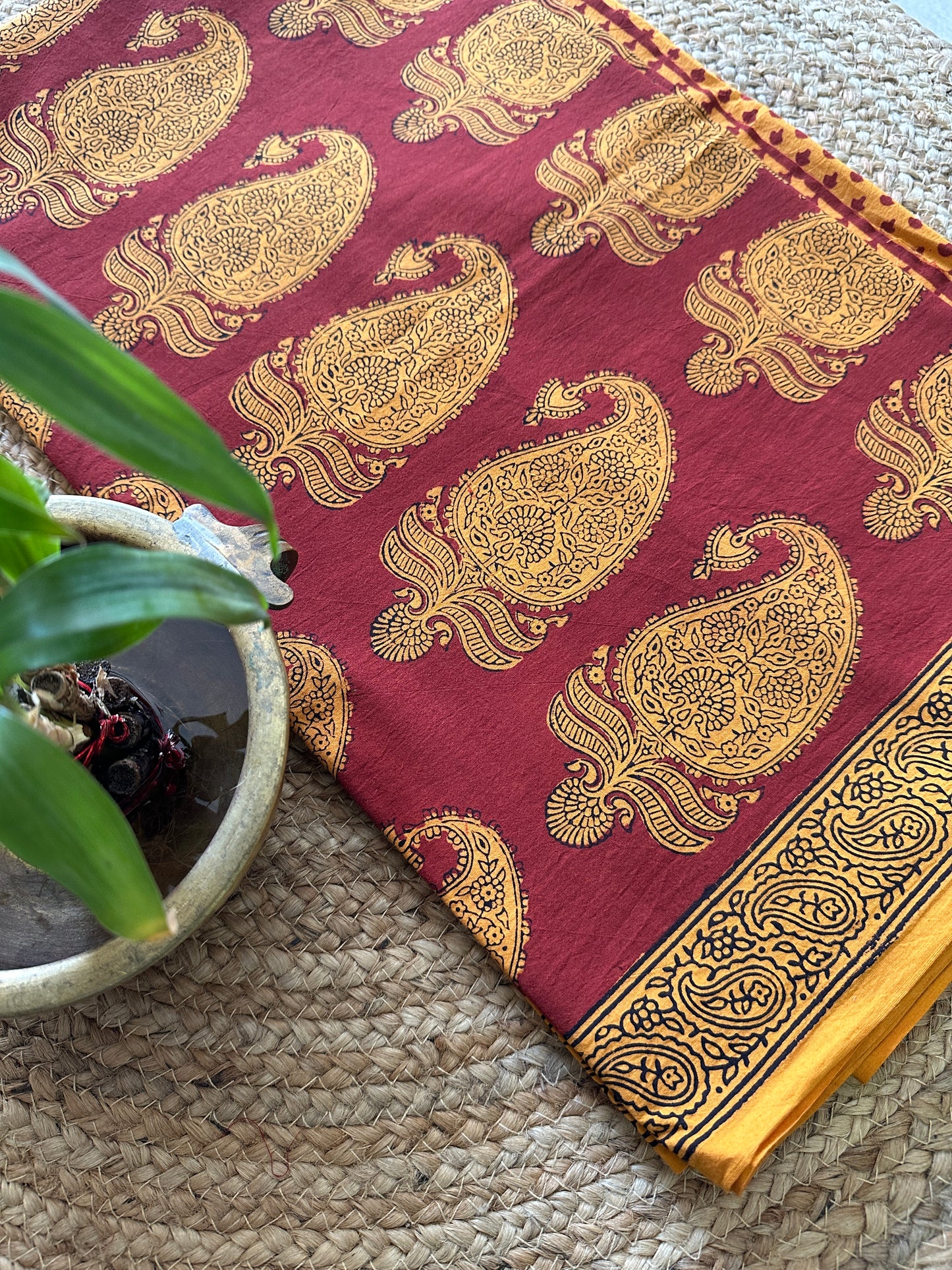 Yellow-Red Bagh Print Cotton Suit with Aami Butta- BCSP15