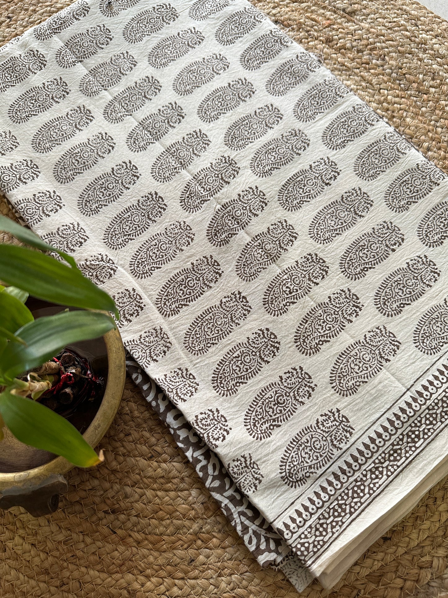 Brown-White Bagh Print Cotton Suit with Aami Butta- BCSP18