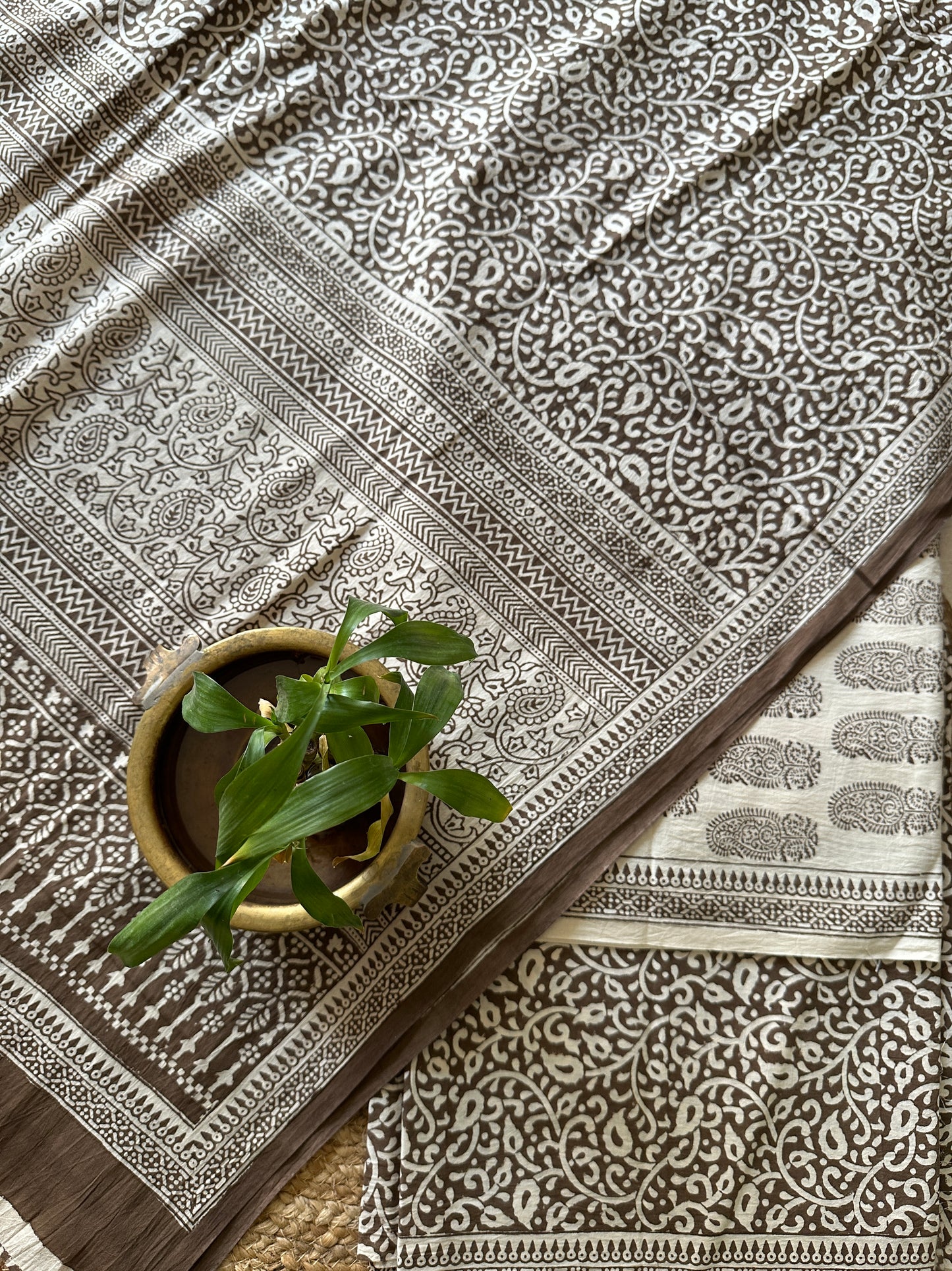 Brown-White Bagh Print Cotton Suit with Aami Butta- BCSP18