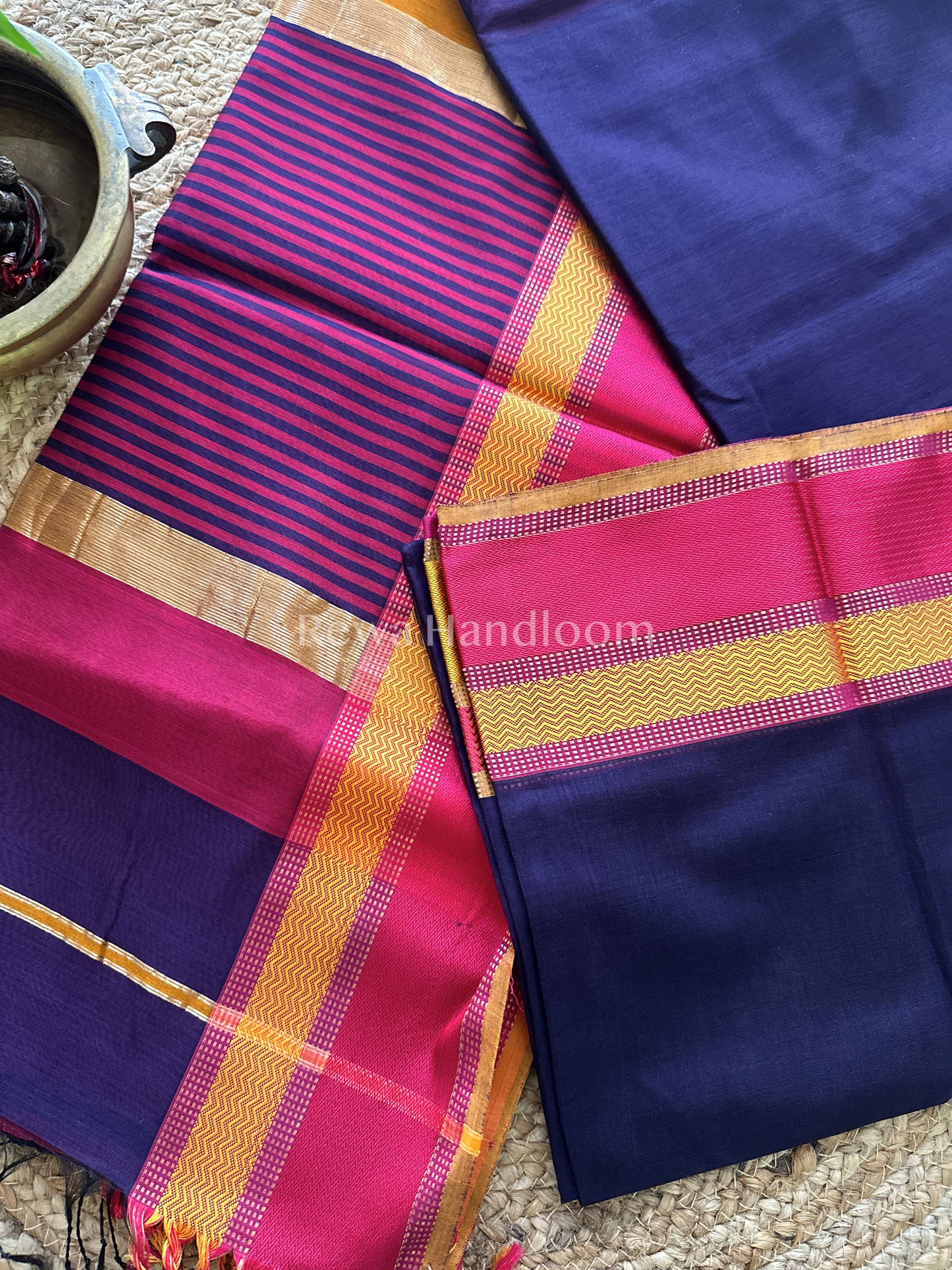 Maheshwari Navy Blue Ganga Jamuna Rewa Border Saree GJD065