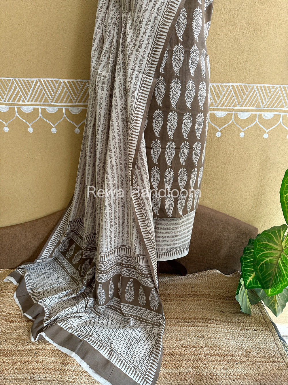 Grey-White Bagh Print Cotton Suit-BCSP62