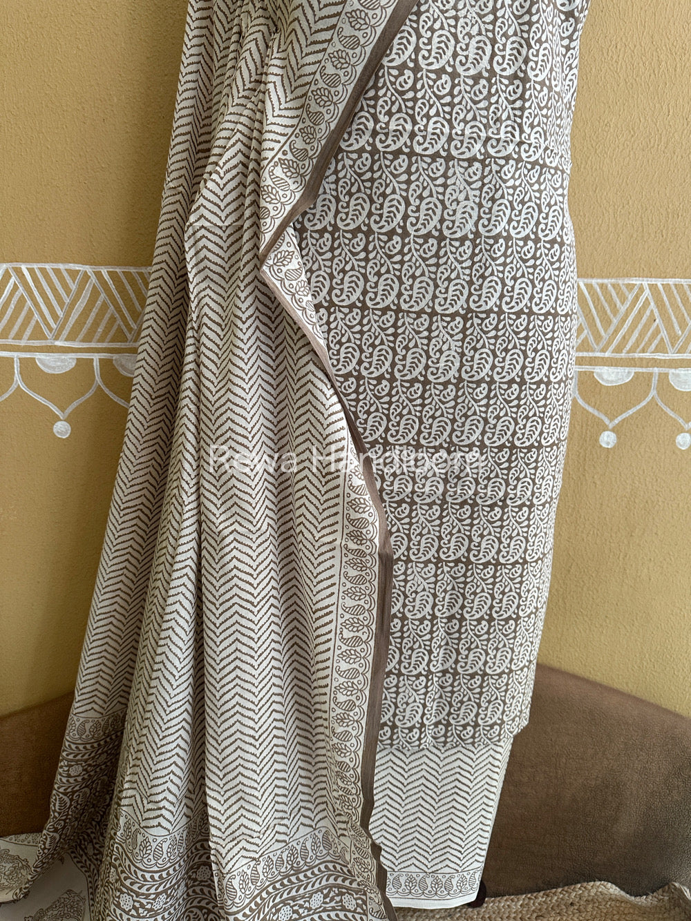 Grey-White Bagh Print Cotton Suit-BCSP61