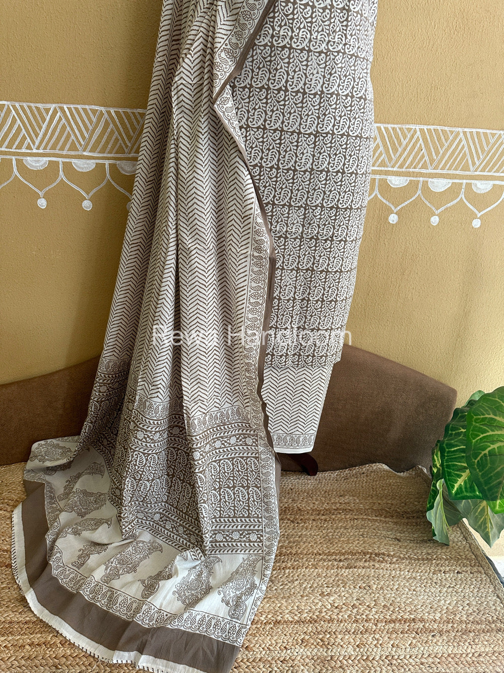 Grey-White Bagh Print Cotton Suit-BCSP61