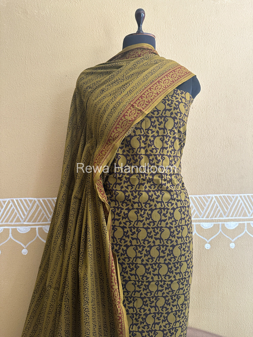 Yellow-Black Bagh Print Cotton Suit-BCSP58