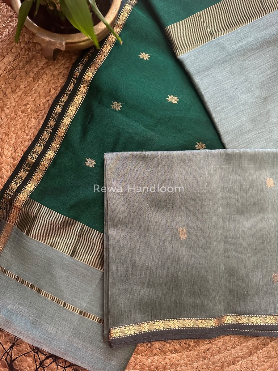 Teal Green-Bottle Green Zari Butti Maheshwari Saree SBS0020