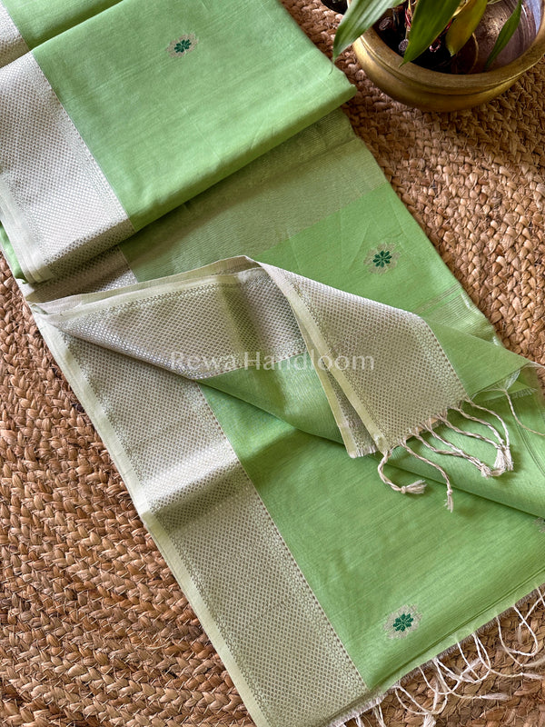 Maheshwari Pista Green Silver Zari Sarees