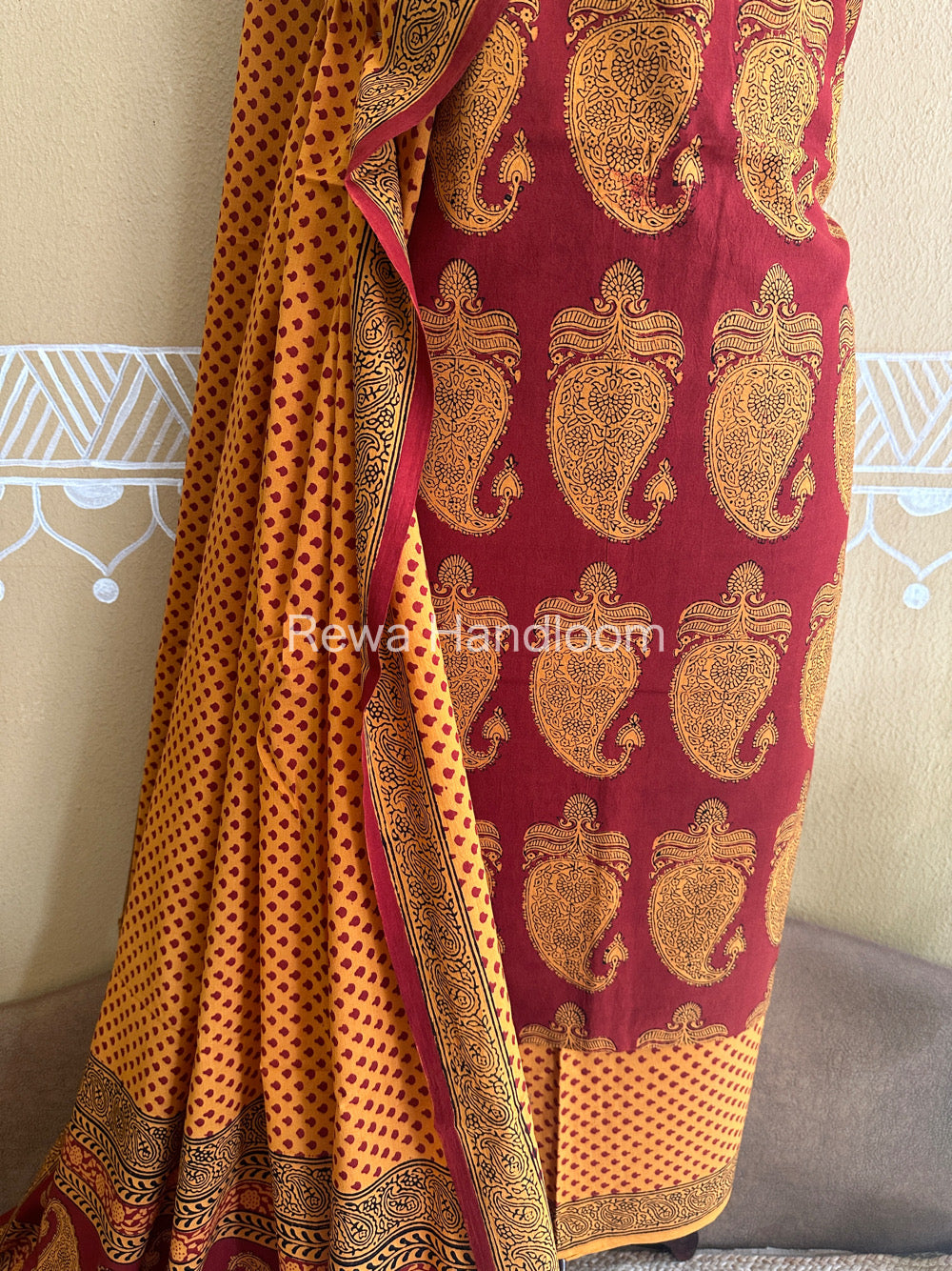Yellow-Red Bagh Print Cotton Suit with Aami Butta- BCSP15