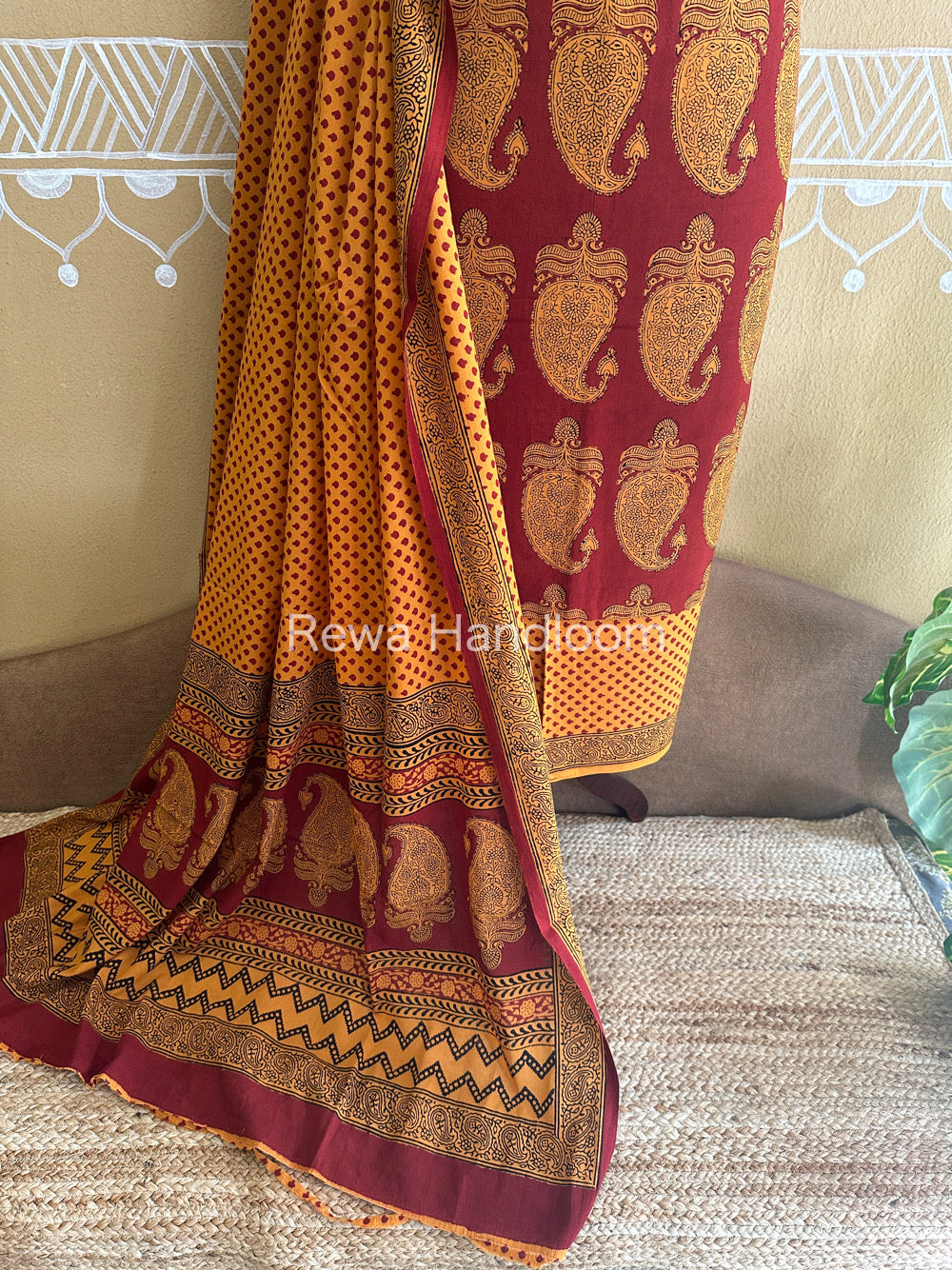Yellow-Red Bagh Print Cotton Suit with Aami Butta- BCSP15